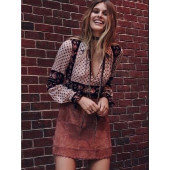 Free People Suede Patchwork High Waist Mini Skirt | Western Boho Coastal 70s 10 - Picture 2 of 16